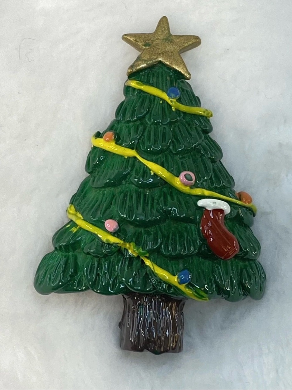 Green Christmas Tree Brooch with Gold Star Accent Vintage